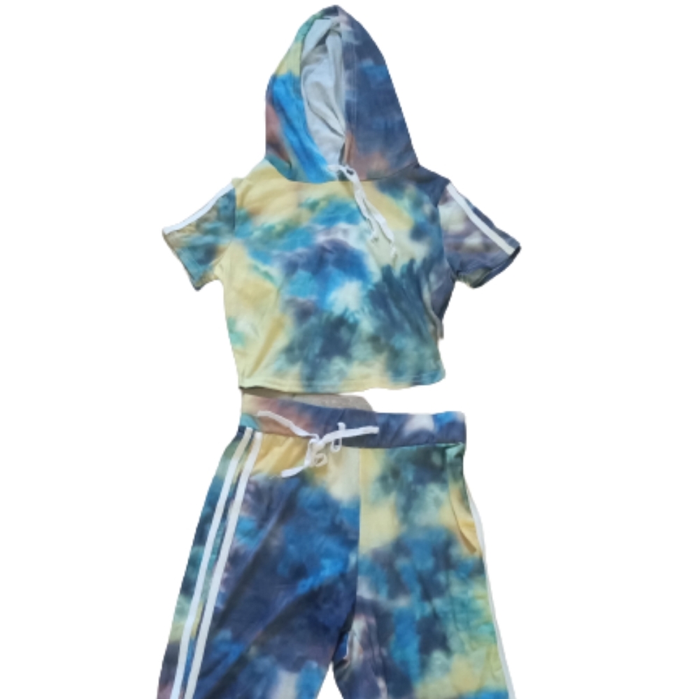 2 Piece Tie Dye Sets for Women - Short Sleeve Hoodie Top